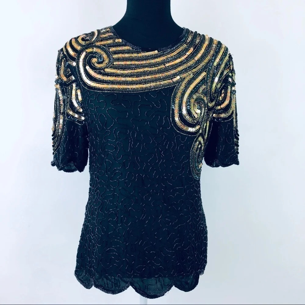 Vtg Stenay Silk Sequin Blouse Top Party Art‎ Deco S